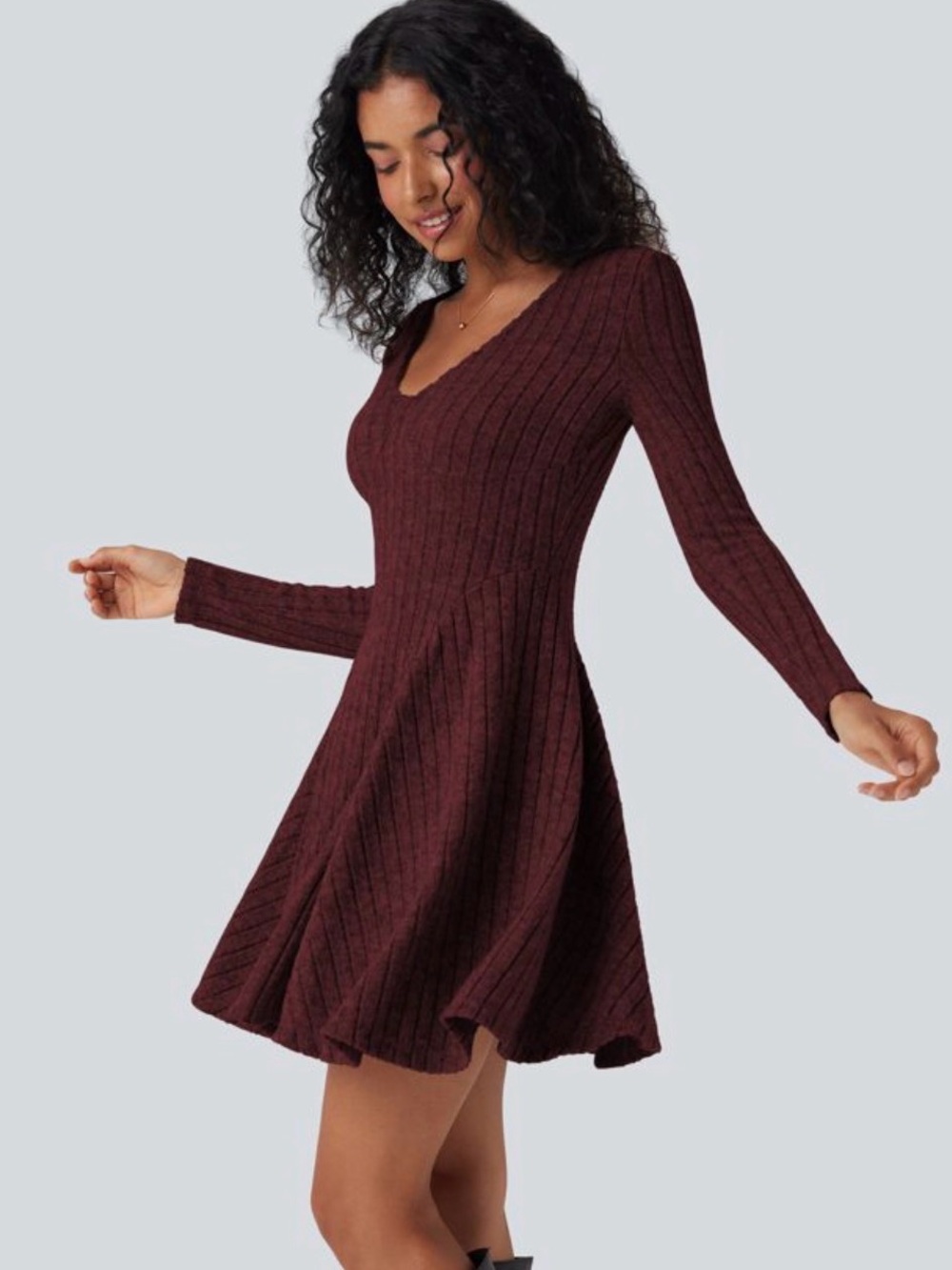 Halara Ribbed Knit V Neck Long Sleeve Flare Mini Casual Dress Maroon Size Small